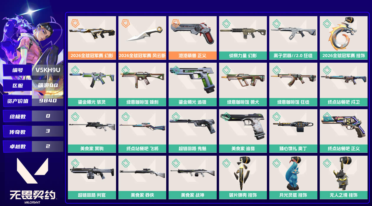 【终身售后 找回包赔】9840资产200使用R点20皮肤1套装 青铜II【套装】2026全球冠军赛【皮肤】超链回路-鬼魅,臻心馈礼-奥丁,超链回路-判官,美食家-冥驹,终点站餐吧-飞将,美食家-战神,美食家-莽侠,终点站餐吧-正义,终点站餐吧-戍卫,美食家-追猎,鎏金曦光-骇灵,鎏金曦光-追猎,绿意