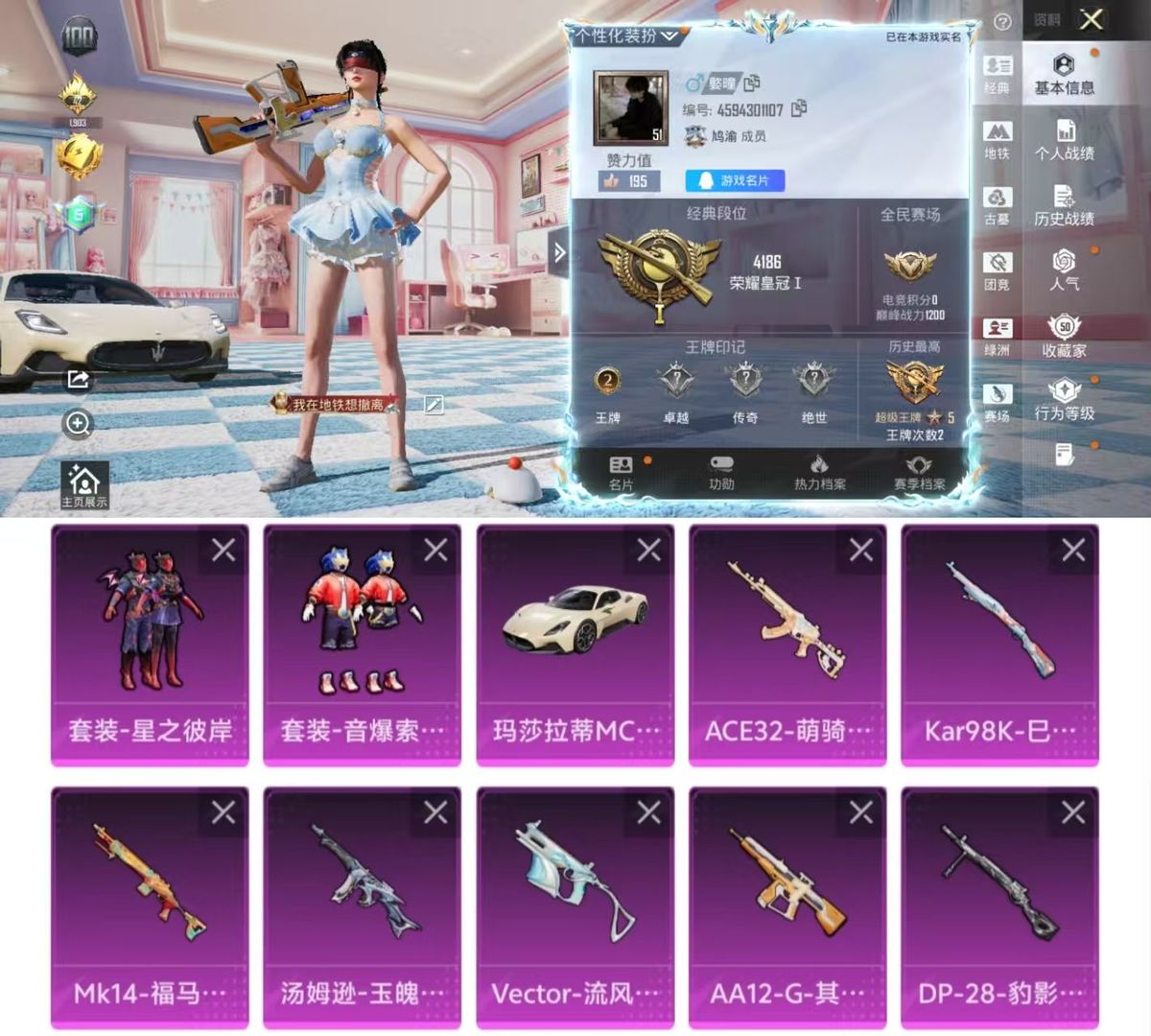 PX_2984330-实名: 可修改 时装数: 451 载具数: 1 枪械数: 158 战备数: 99 热门装扮: 迅捷狂鲨,鹰眼刺客,星之彼岸,音爆索尼克 载具: 玛莎拉蒂MC20(星石白) 稀有枪皮: Kar98K-巳巳如意,DP-28-豹影疾电,MK14-福马献瑞,ACE32-萌骑漫游,AA12-G-其乐融融,汤姆逊-玉魄流云,Vector-流风之羽