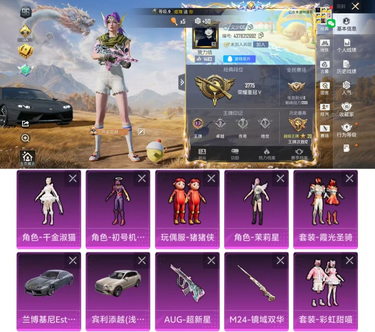 PX_2984397-实名: 可修改 时装数: 609 载具数: 2 枪械数: 203 战备数: 157 热门装扮: 呆萌铁蟹,冰霜白皇,焰龙焚天,林间仙鹿,骨龙祭渊,橘柚倾心,霞光圣骑,寒光使者,彩虹甜喵,茉莉星,猪猪侠,初号机 觉醒Ver.,千金淑猫 载具: 兰博基尼Estoque(银翼灰),宾利添越(浅瞪羚棕) 稀有枪皮: AUG超新星,M24镜域双华,Vector-流风