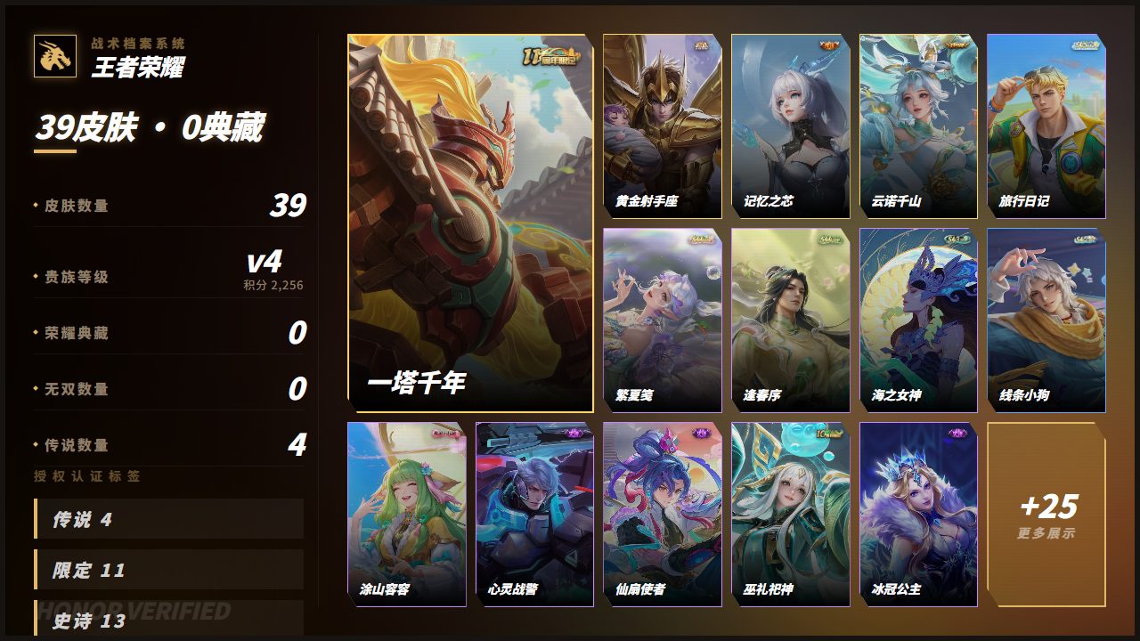 PX_2988594-【精品号手慢无】练手小号  实名: 可修改 贵族等级: V4 英雄数: 61 皮肤数: 39 传说皮: 黄金射手座,记忆之芯,云诺千山 限定皮: 高山流水