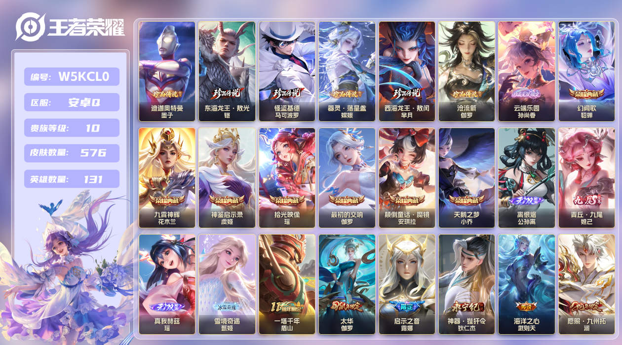 安卓手Q118区576皮6珍品传说1珍品无双7典藏73传说4无双 V10 营地ID (可二次) 永恒钻石I [女号,大乔全皮,露娜全皮]【珍品传说皮肤】：迪迦奥特曼,东海龙王·敖光,西海龙王·敖闰,沧流箭,器灵·落星盏,怪盗基德【珍品无双皮肤】：云端乐园【无双皮肤】：雪境奇遇,离恨