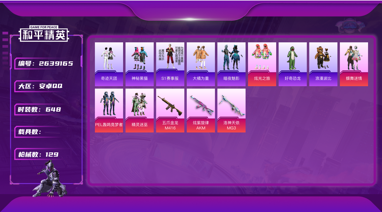 和平精英账号安卓QQ3250.4粉装3特效枪11印记实名: 可修改 枪械数: 129 时装数: 648 战备数: 117