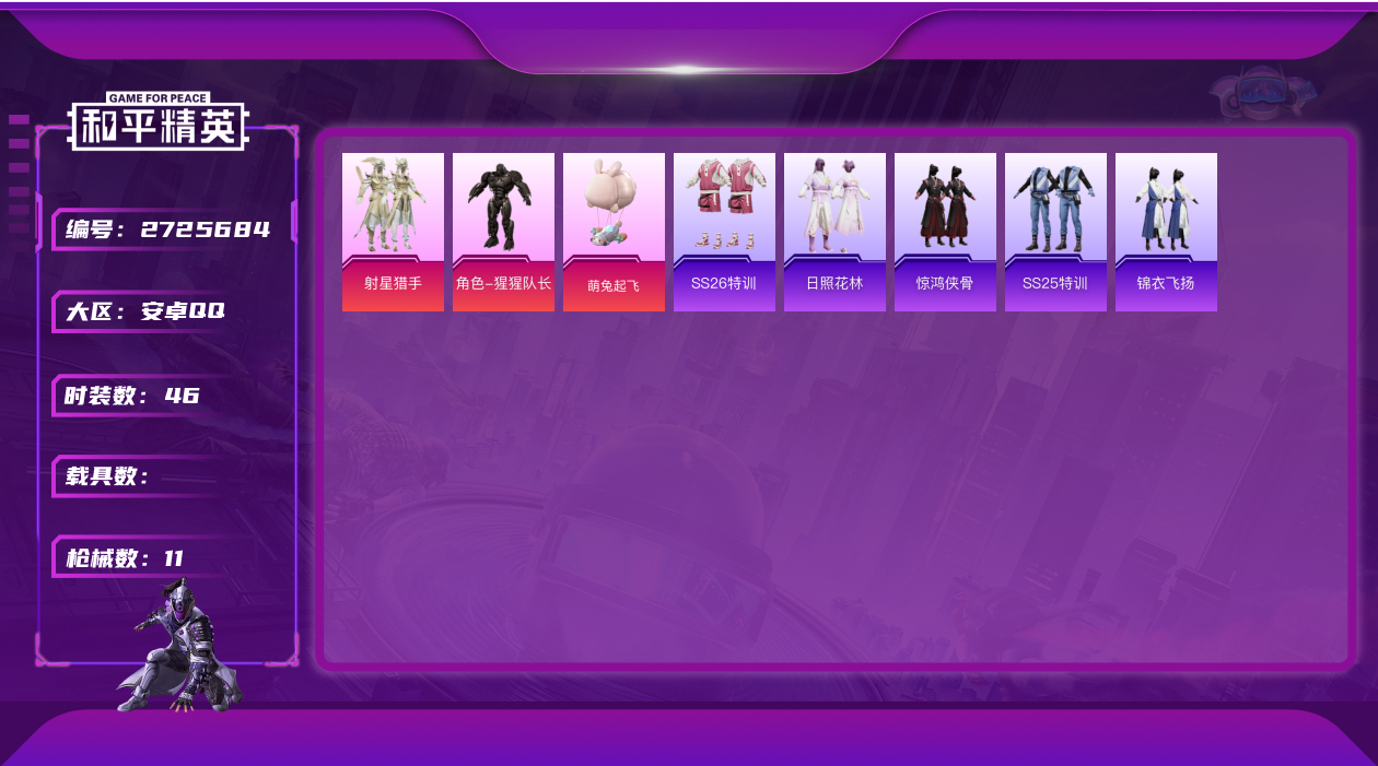 和平精英账号安卓QQ3518.2粉装【3140碎片】车币号实名: 可修改 战备数: 14 时装数: 46 枪械数: 11 热门装扮: 猩猩队长,射星猎手 载具: 僚机（萌兔起飞）