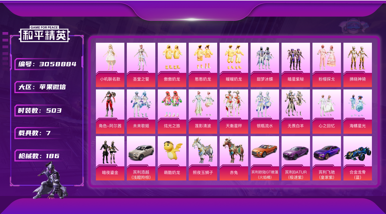 和平精英账号苹果微信4668.新木乃伊 升1级宾利轿车奶龙套 21粉装 11特效枪 7载具 10印记 2卓越 2传奇 2