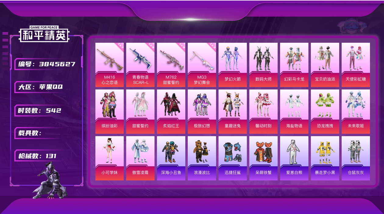 和平精英账号苹果QQ8491.火箭少女 猪脸妹 红眼罩 16粉装 4特效枪 6印记 实名: 可修改 战备数: 113 时