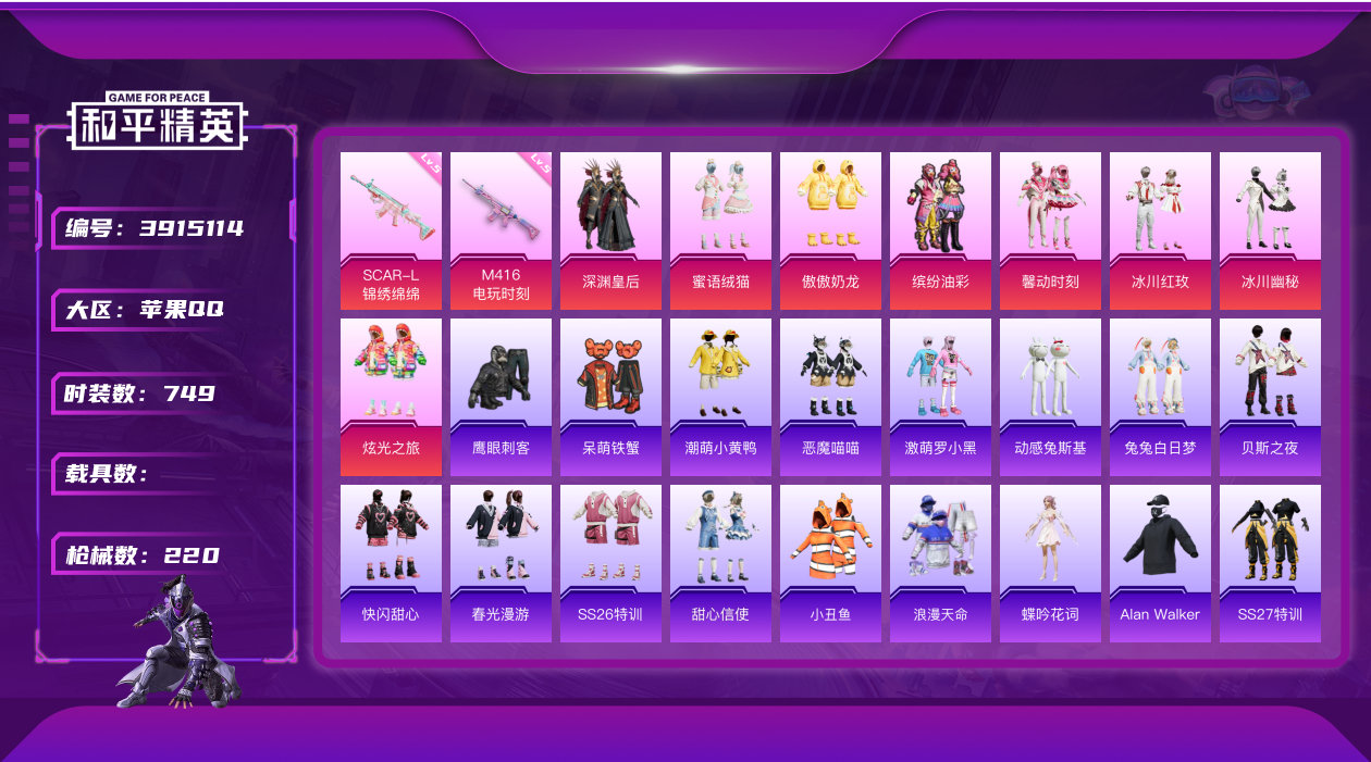 和平精英账号苹果QQ8830. 猪脸妹 8粉装 2特效枪 11印记 实名: 可修改 战备数: 167 时装数: 749 