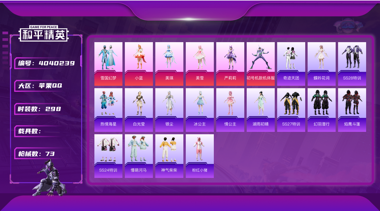 和平精英账号苹果QQ9984.紫螳螂 冰雪女王 6粉装 实名: 可修改 时装数: 298 枪械数: 73 战备数: 50 热门装扮: 雪国幻梦,初号机款机体服,奇迹天团,严莉莉,美雪,美琪,小蓝