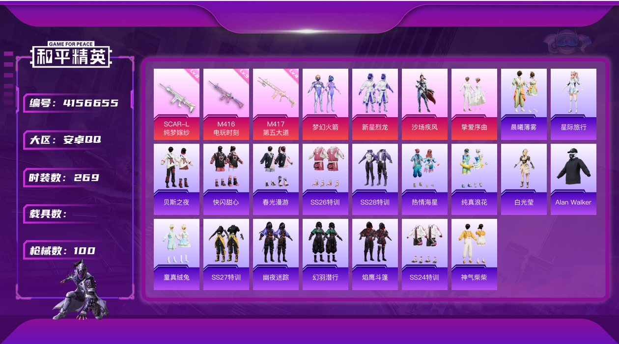 和平精英账号安卓QQ11795.火箭少女 小白龙 4粉装 3特效枪 5印记 实名: 可修改 时装数: 269 枪械数: 