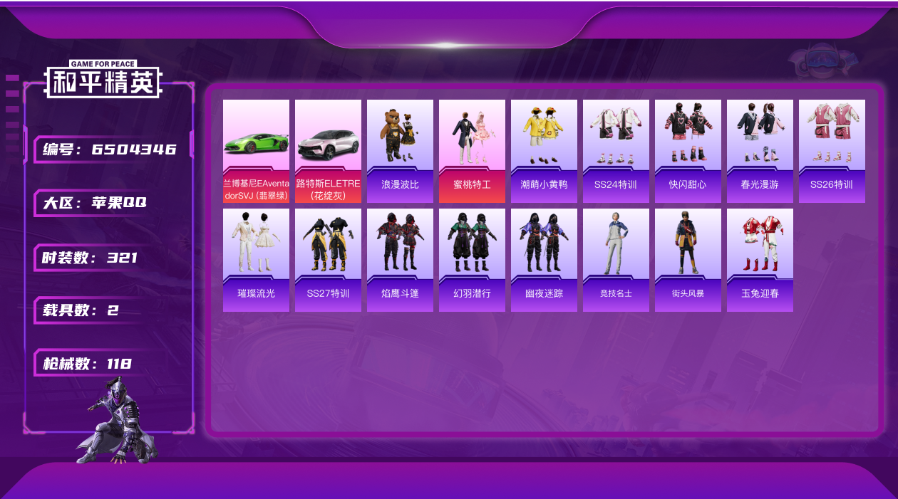 和平精英账号苹果QQ35387 1粉装 2载具 3印记 实名: 可修改 时装数: 321 载具数: 2 枪械数: 118