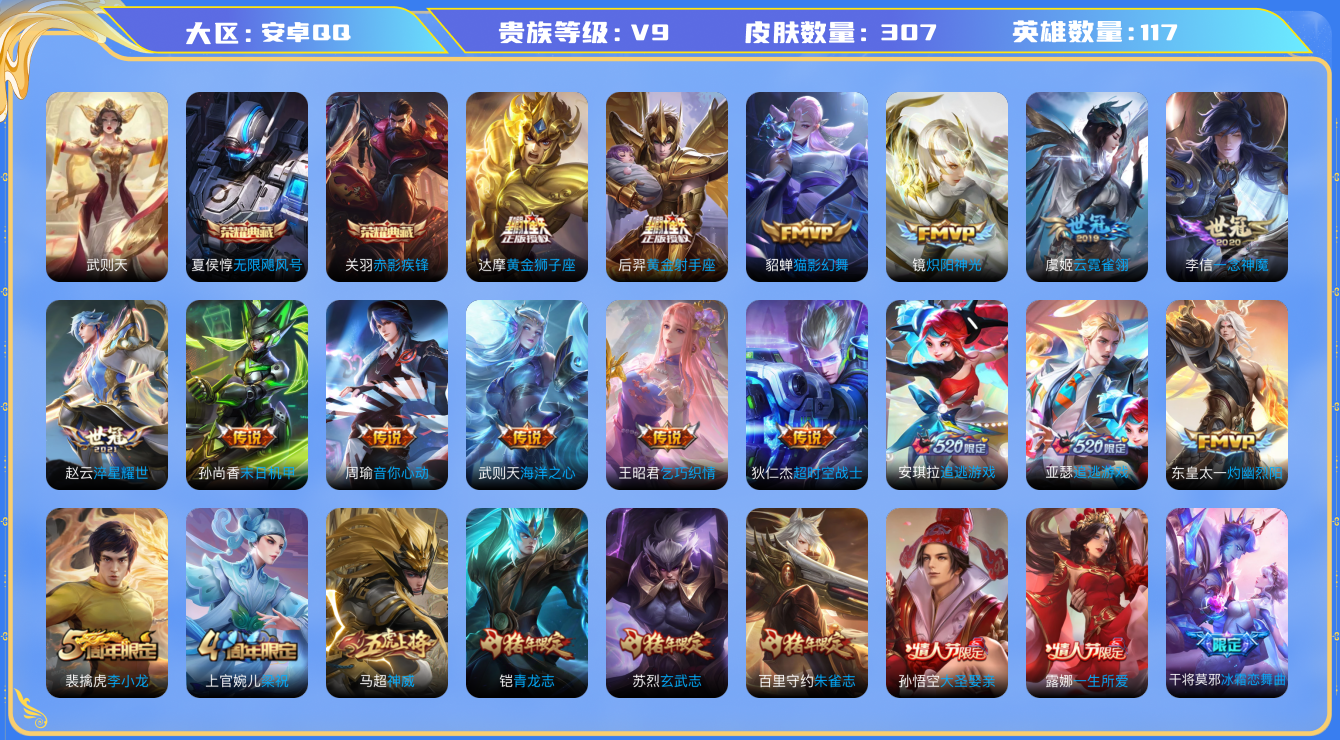 王者荣耀账号安卓QQ族等级: V9 皮肤数: 309