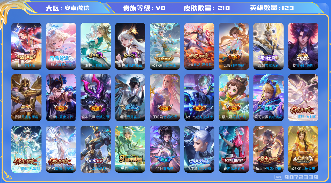 王者荣耀账号安卓VX安卓V-V8-218皮肤 星传说幻舞叠翠 金色仲夏夜 18传说 1珍品 大耳狗之梦 -1水晶(已兑换