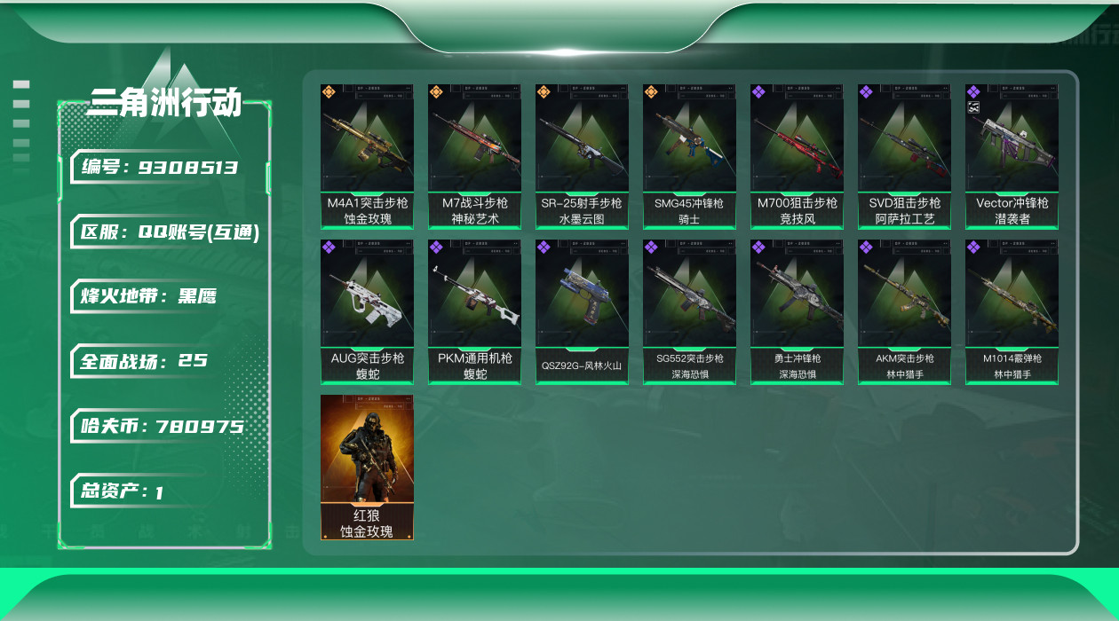 三角洲行动账号QQ[9308513]HH41实名: 可修改 烽火地带段位: 黑鹰 全面战场段位: 上等兵 总资产(M): 1 哈夫币: 780975 传说武器皮肤: M4A1突击步枪-蚀金玫瑰,M7战斗步枪-神秘艺术,