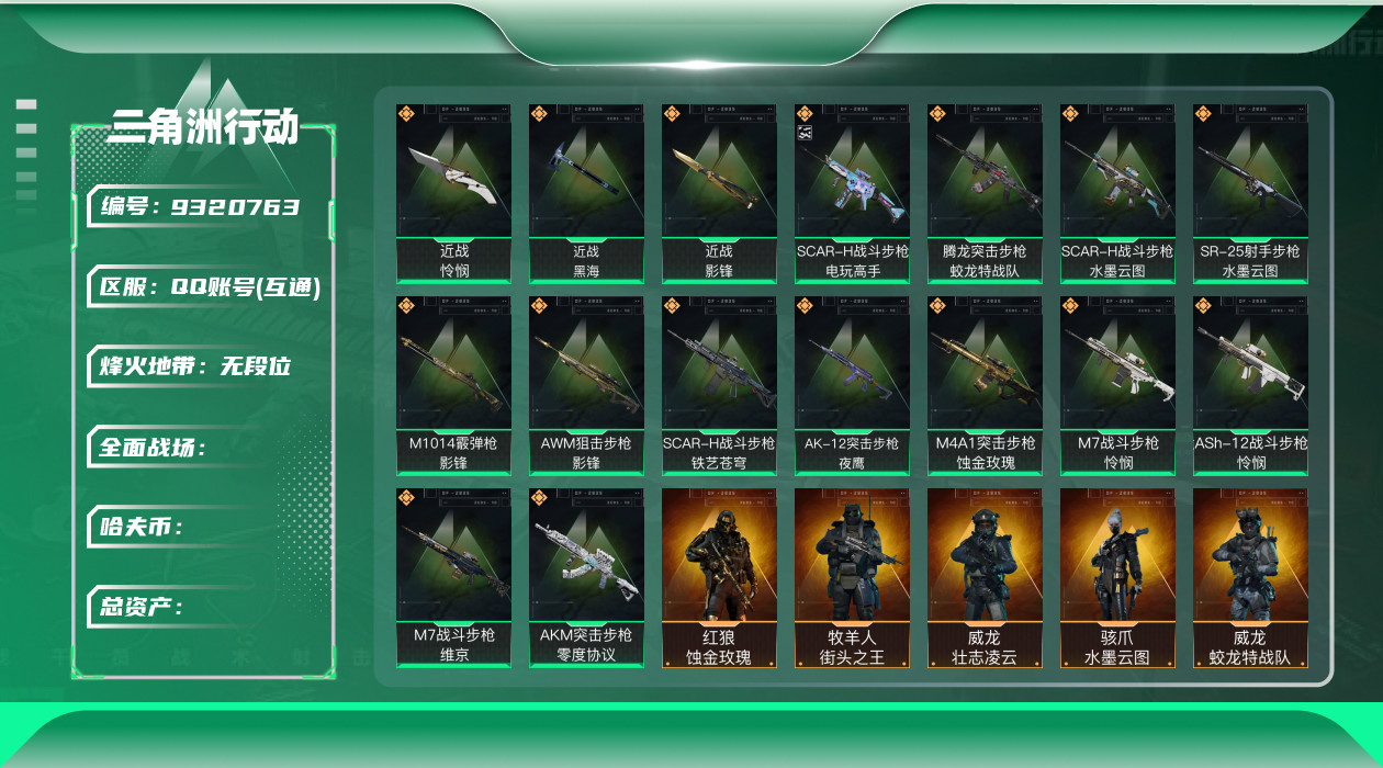 三角洲行动账号QQ[9320763]L0907，Q区三端互通，可修改，行动等级60，总资产34.5M，哈夫币229194，3刀皮，2红皮，3赛季皮，1典藏金枪，13金枪，近战-黑海，近战-影锋，近战-怜悯，红狼-蚀金玫