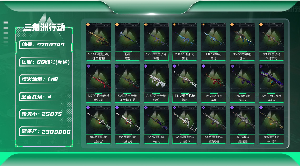 三角洲行动账号QQ[9708749]HH10实名: 可修改 烽火地带段位: 白银 总资产: 2300000 哈夫币: 25075 传说武器皮肤: M4A1突击步枪-蚀金玫瑰,QJB201轻机枪-黑海,MP5冲锋枪-黑海