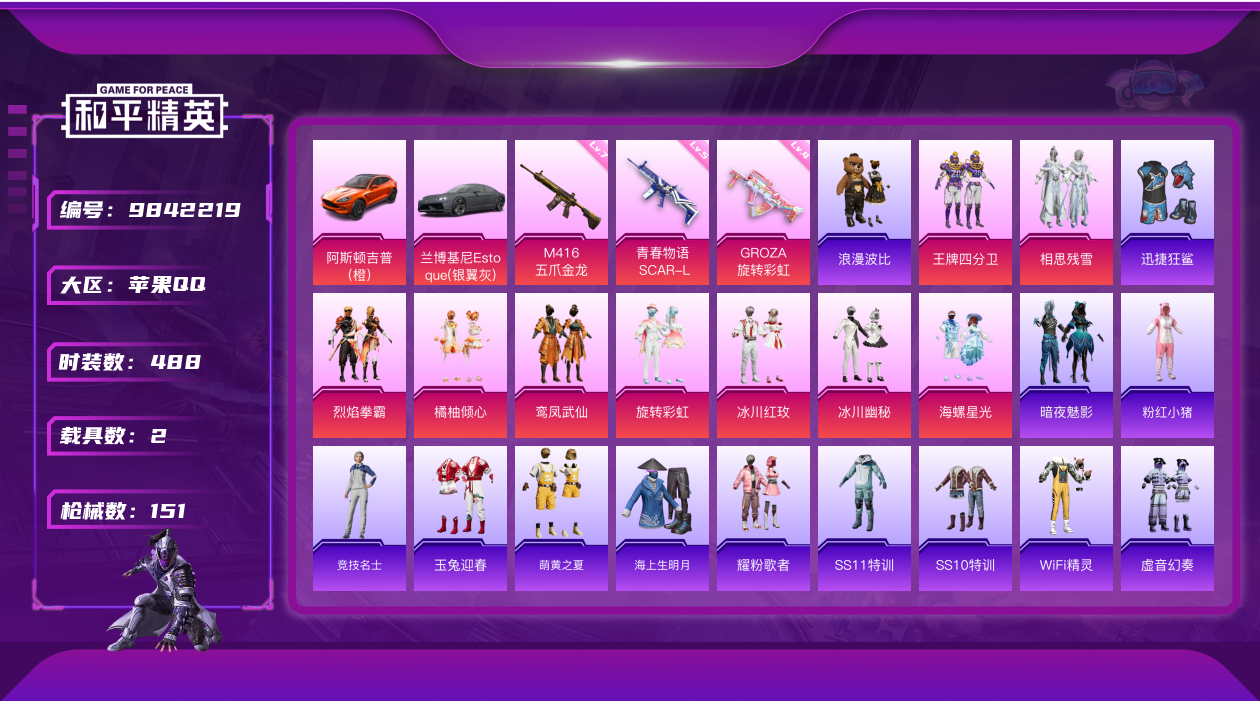 和平精英账号苹果QQ可二次实名 苹果QQ128套装/151枪皮/9粉装/2载具/3特效枪/14战备/王牌四分卫套装/海螺