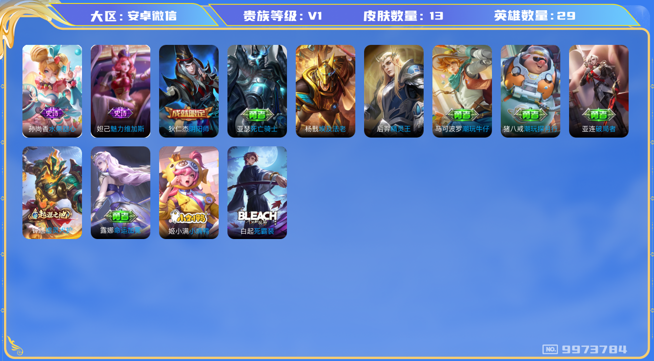 王者荣耀账号安卓VX[9973784]JJ6942 可二 贵族1级 13皮肤 魅力维加斯 水果甜心 29英雄