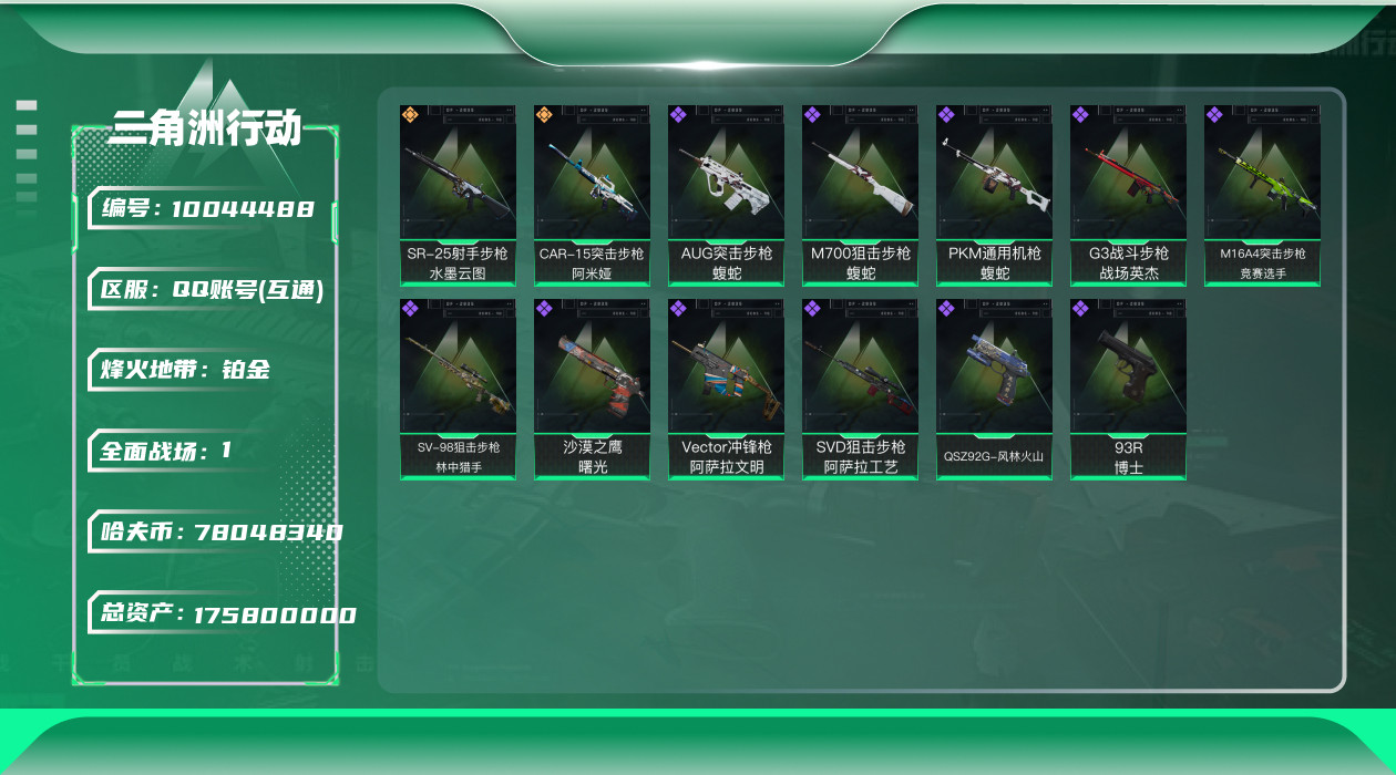 三角洲行动账号QQ[10044488]HH66实名: 可修改 烽火地带段位: 铂金 总资产: 175800000 哈夫币: 78048340 传说武器皮肤: SR-25射手步枪-水墨云图,CAR-15突击步枪-阿米娅 