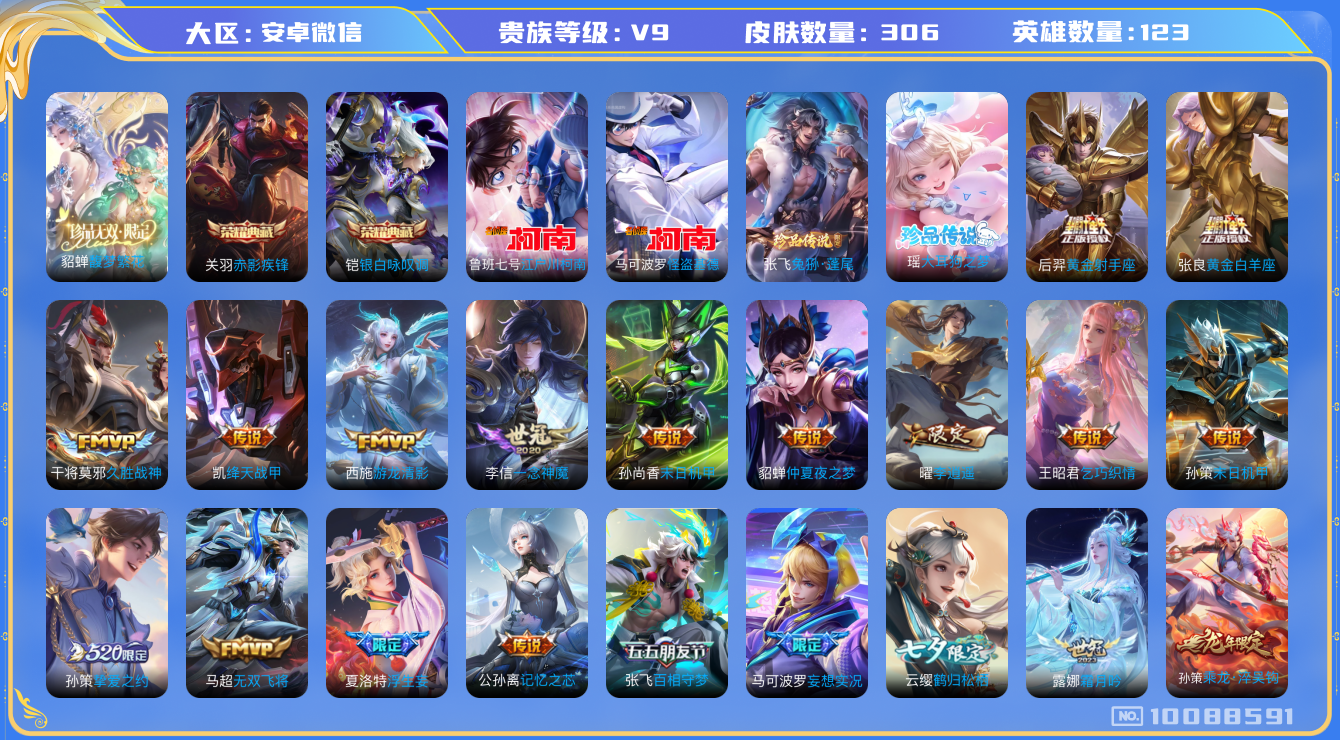 王者荣耀账号安卓VX[10088591]【贵9-全皮露娜，貂蝉慕夏，热门李逍遥白虎志，天魔缭乱】18按键 五级铭文100+ 15王者印记 KK5013 可二次，安卓WX-V9-306皮肤-2典藏-1珍品无双-4珍品传说-