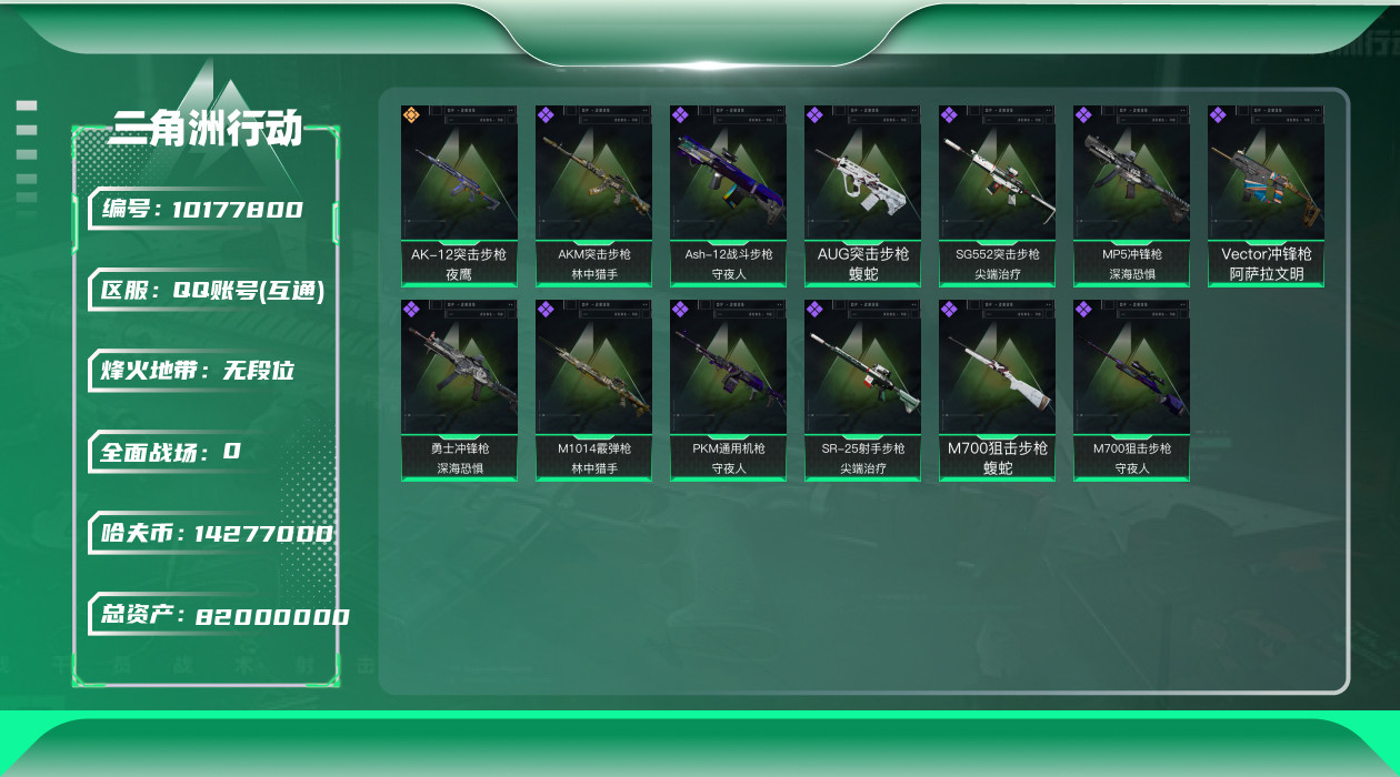 三角洲行动账号QQ[10177800]【特勤处676·总资产82.8M·哈夫币1427W】【可二次】ASYs494-总资产：82.8M【包含不动资产】哈夫币：1427W，武器皮肤73，烽火60级：无段位，战场1级：无军