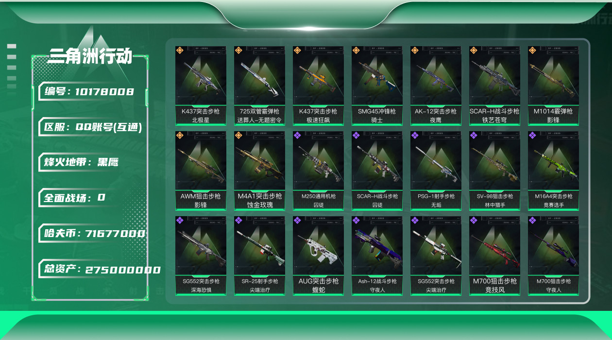 三角洲行动账号QQ总资产：275.8M, 哈夫币：71677K ;总资产(M)：275M/哈夫币(K)：71677K/
