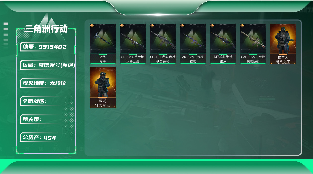 三角洲行动账号VX[9515402]L0941，微信区三端互通，可修改，行动等级60，总资产454.8M，哈夫币183M，特勤处全部满级，近战-黑海，威龙-壮志凌云，牧羊人-街头之王，M7战斗步枪-维京，AK-12突击