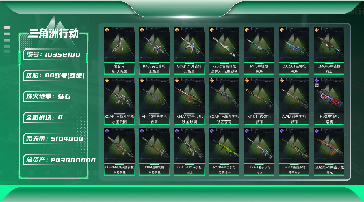 三角洲行动账号QQ[]总资产：243.8M, 哈夫币：5104K ;总资产(M)：243M/哈夫币(K)：5104K/