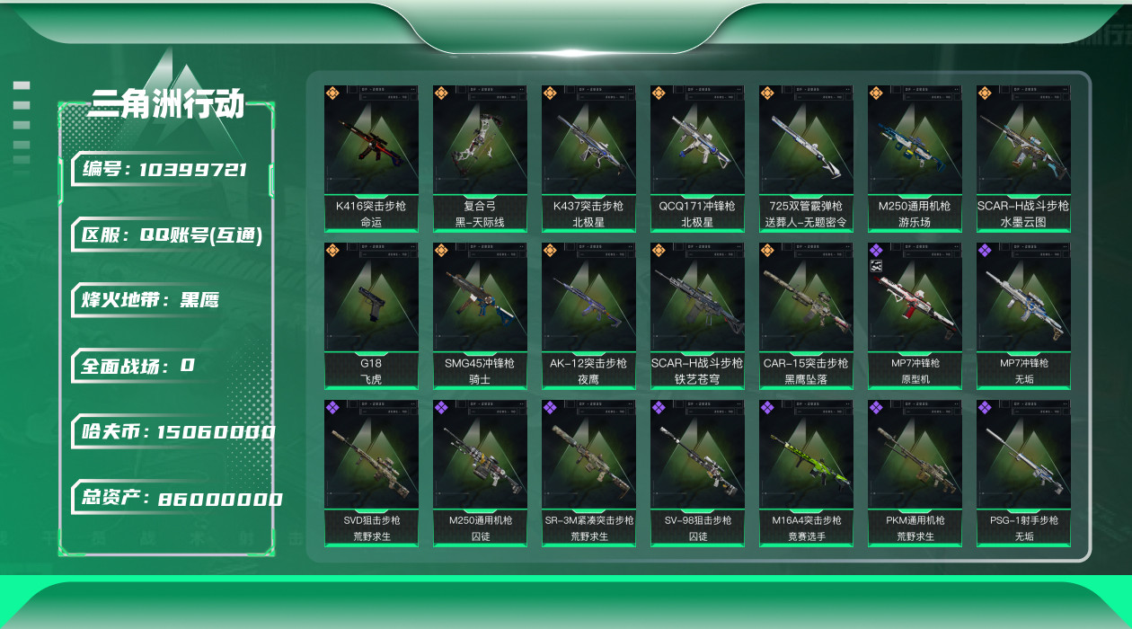 三角洲行动账号QQ[]总资产：86.4M, 哈夫币：15060K ;总资产(M)：86M/哈夫币(K)：15060K/