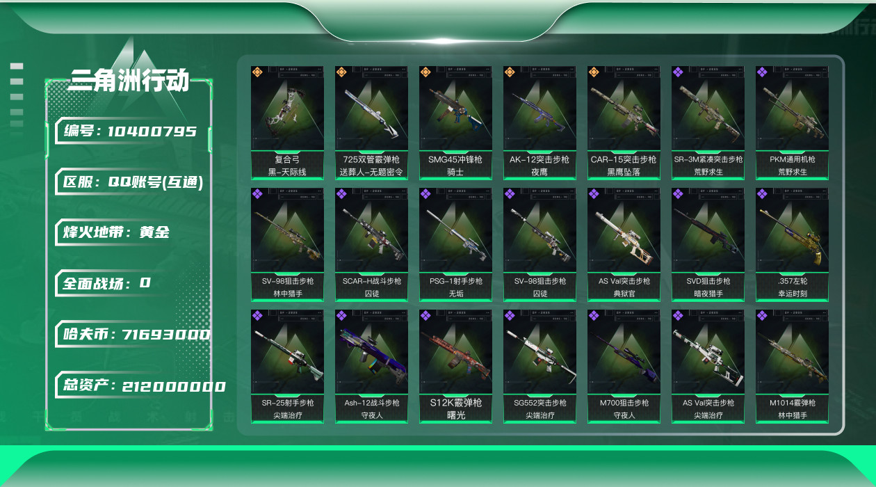 三角洲行动账号QQ总资产：212.8M, 哈夫币：71693K ;总资产(M)：212M/哈夫币(K)：71693K/