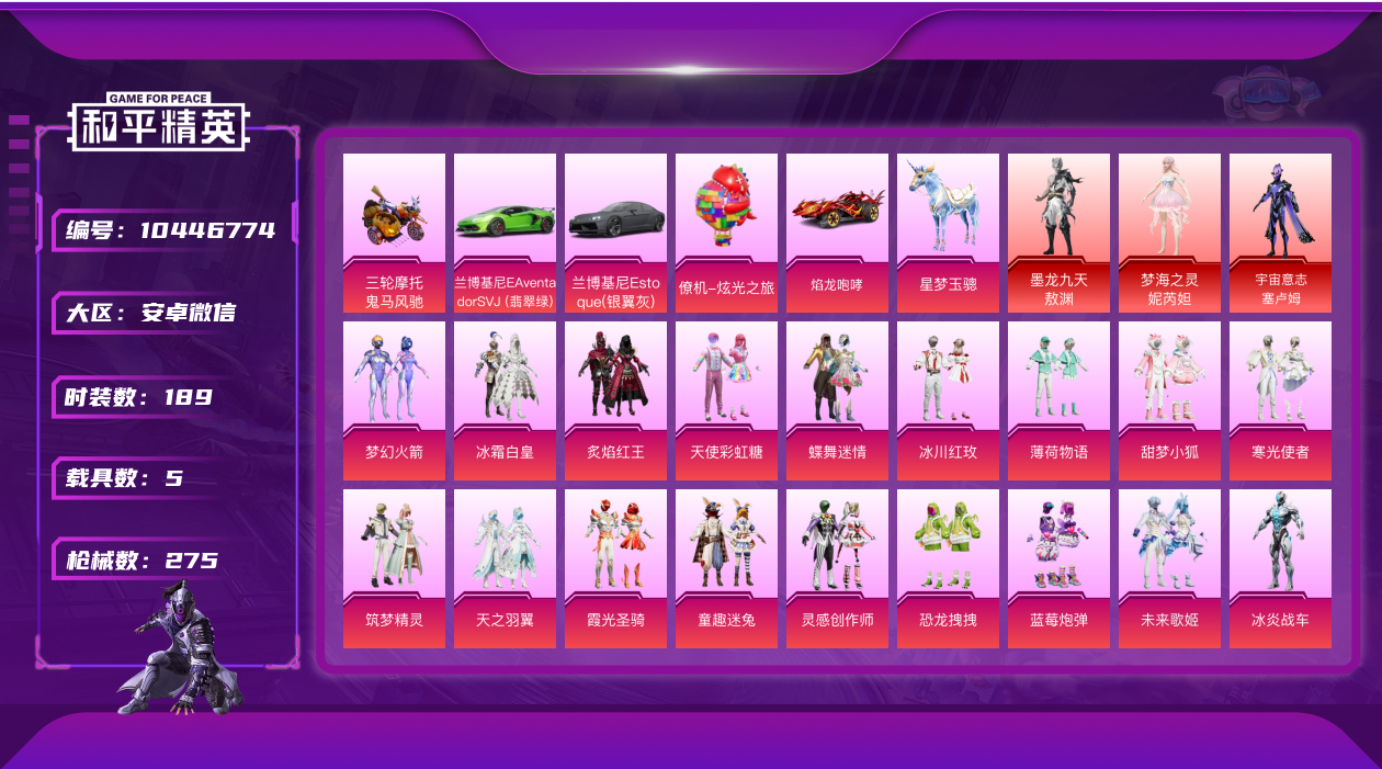 和平精英账号安卓微信[10446774]【3红装 花仙子 小魔仙4姐妹 童趣 甜梦 小姐姐号】-YXc99-【可二次】【因赛季更新游戏段位以上号为准！】
安卓V-11w热力值 4王牌印记 历史卓越王牌10星 189套装 