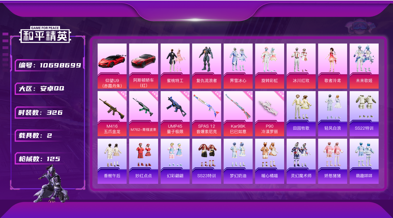 和平精英账号安卓QQ[10698699]7粉装  6特效枪 2载具 实名: 可修改 时装数: 326 载具数: 2 枪械数: 125 战备数: 89 热门装扮: 蜜桃特工,复仇流浪者,霁雪冰心,旋转彩虹,冰川红玫,歌者泠