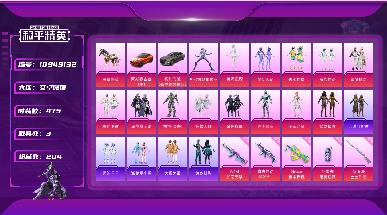 和平精英账号安卓微信475 载具数: 3 枪械数: 204 战备数: 121 热门装扮: 