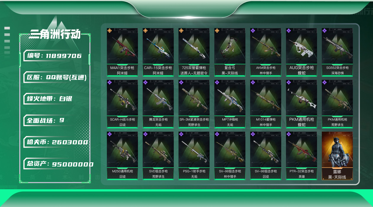 三角洲行动账号QQ【商品标题】：有二次总价值95M纯币2603K
【干员外观】：露娜-黑·天际线，蜂医-送葬人·无题密