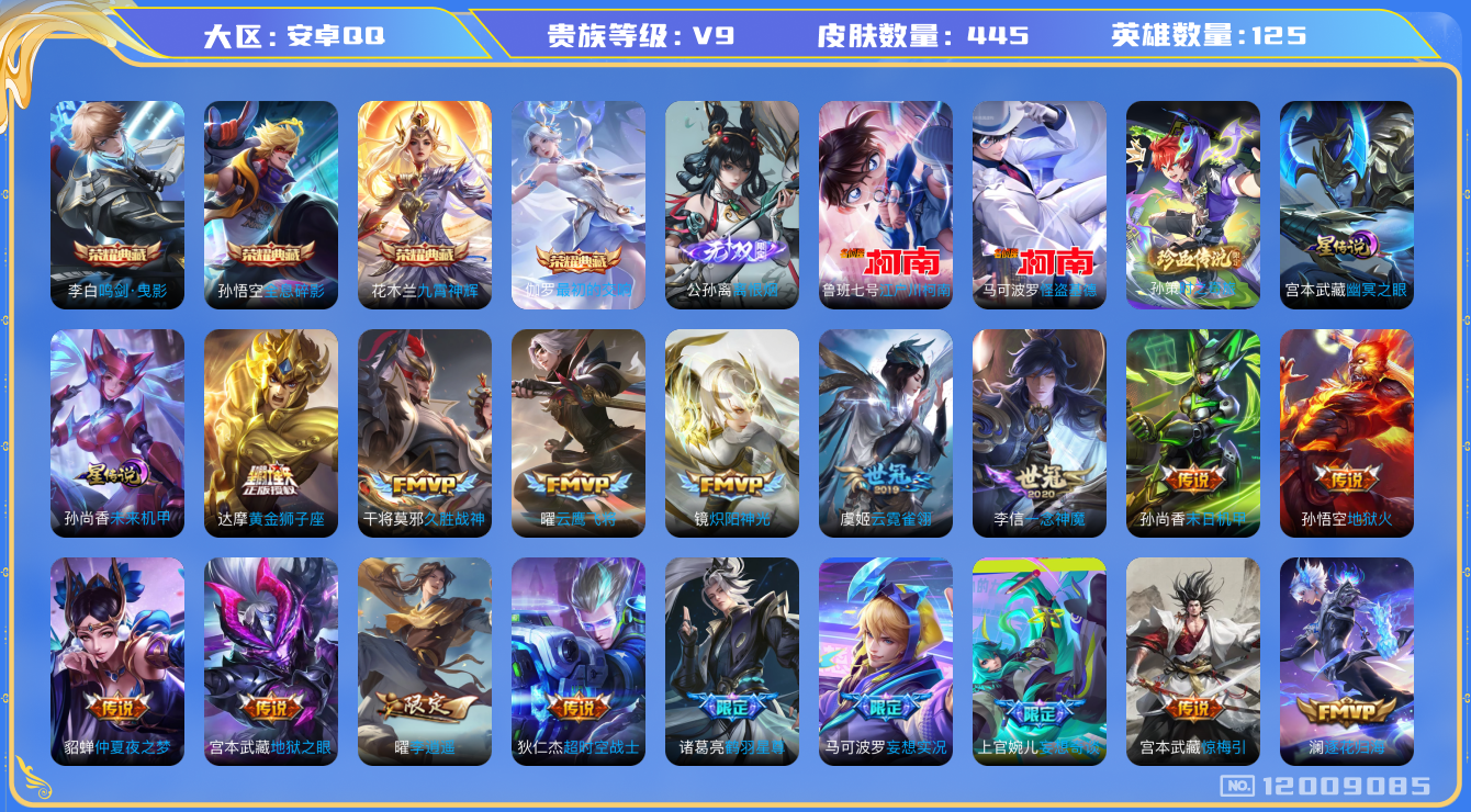 王者荣耀账号安卓QQ125英雄-445皮肤-V9-445皮肤4典藏1无双3珍品传说26传说 打野41段 中路33段 万战