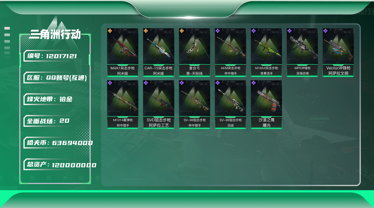 三角洲行动账号QQ【商品标题】：无二次总价值120M纯币63694K
【典藏外观】：M700狙击步枪-蝴蝶，PKM通用