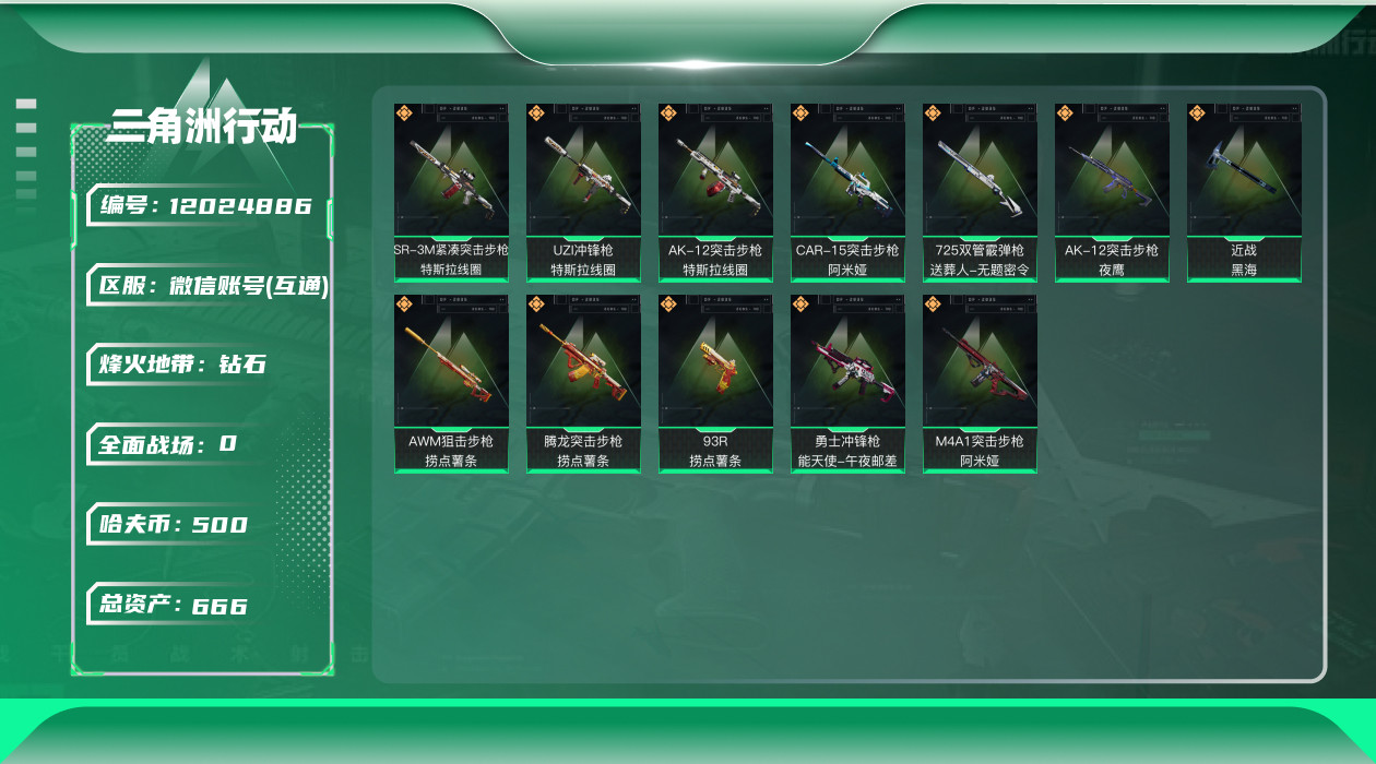 三角洲行动账号VX[12024886]总资产:666.5M 1近战传说 12传说枪械 哈夫币:500K  高级安全箱(