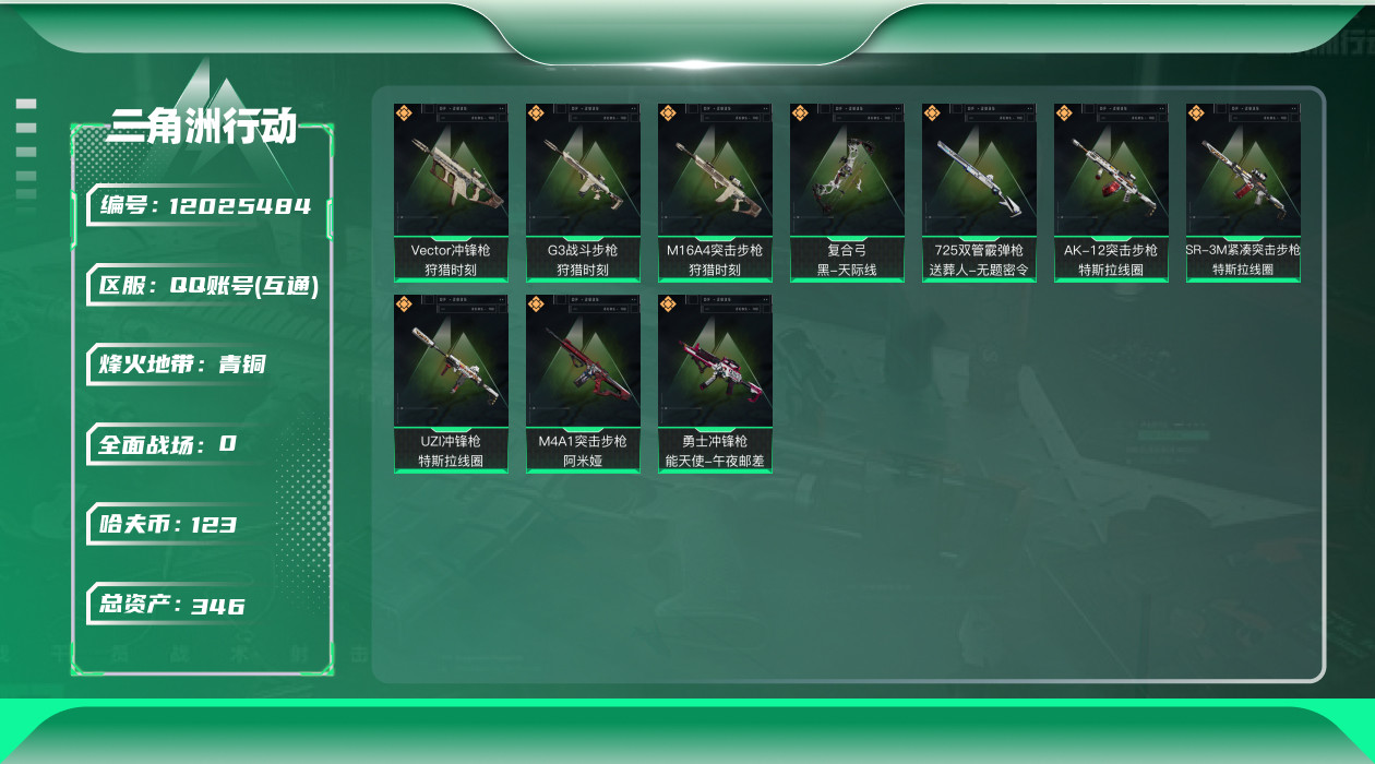 三角洲行动账号QQ[12025484]总资产:346M  10传说枪械 哈夫币:123K  高级安全箱(2×3)9.1