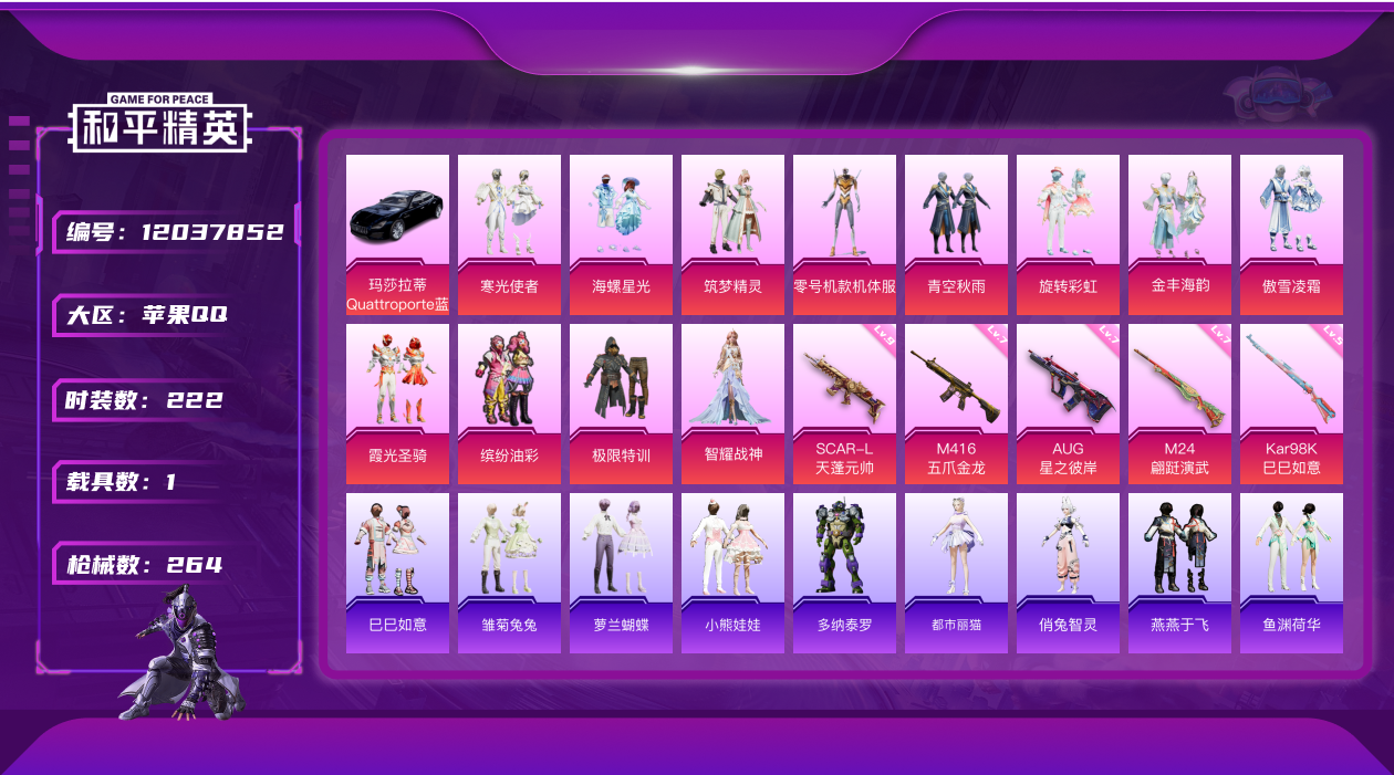 和平精英账号苹果QQ[12037852]连体王者v8/248皮肤8/12传说/1无双/地铁满天赋/SCAR-L-天蓬元帅(九级)【暑期末清货/特价急出/永久包赔】：苹果 手Q-13粉装-7特效枪-1载具-9.5w热力值-