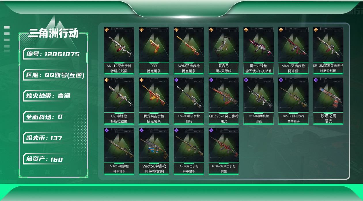 三角洲行动账号QQ[12061075]总资产:160M  9传说枪械 哈夫币:137K 进阶安全箱(9.17到期)  