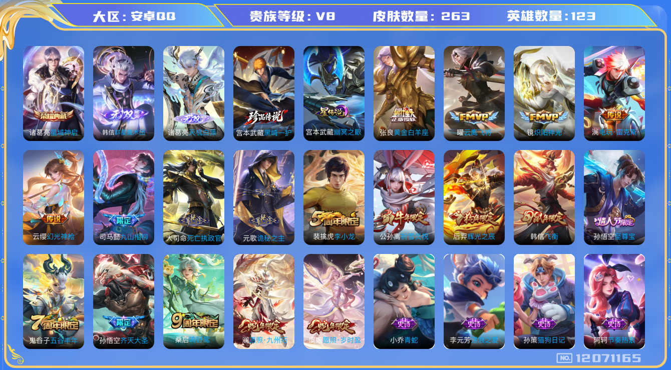 王者荣耀账号安卓QQ123英雄-263皮肤-V8-263皮肤1典藏2无双1珍品传说14传说 1星传说 幽冥之眼【典藏】 