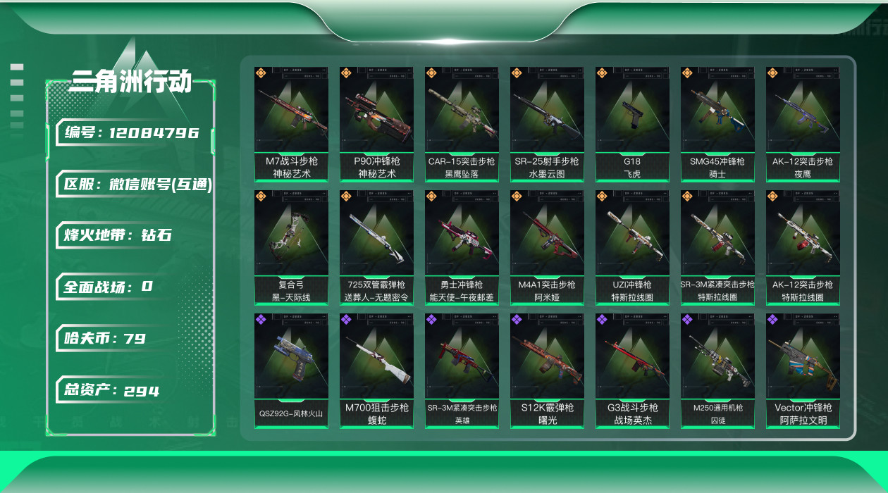 三角洲行动账号VX[12084796]总资产:294.4M 1干员外观  14传说枪械 哈夫币:79.136K  高级