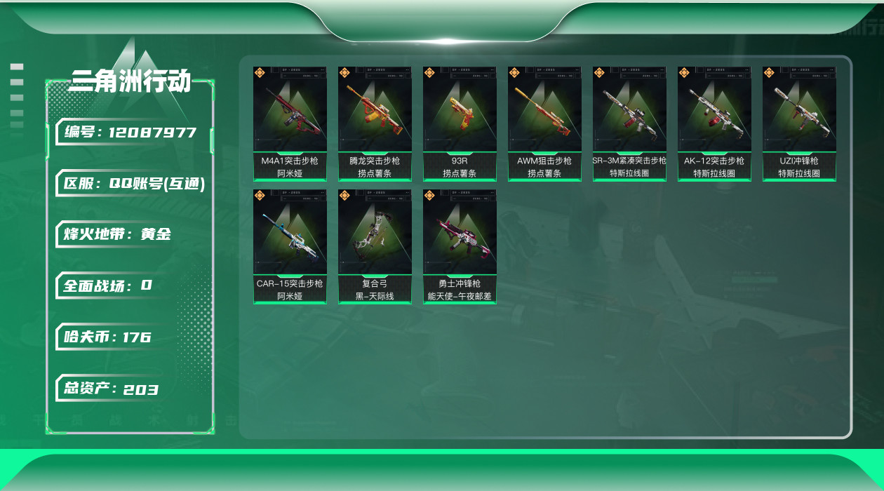 三角洲行动账号QQ[12087977]总资产:203.9M  10传说枪械 哈夫币:176K  进阶安全箱(2×2)9