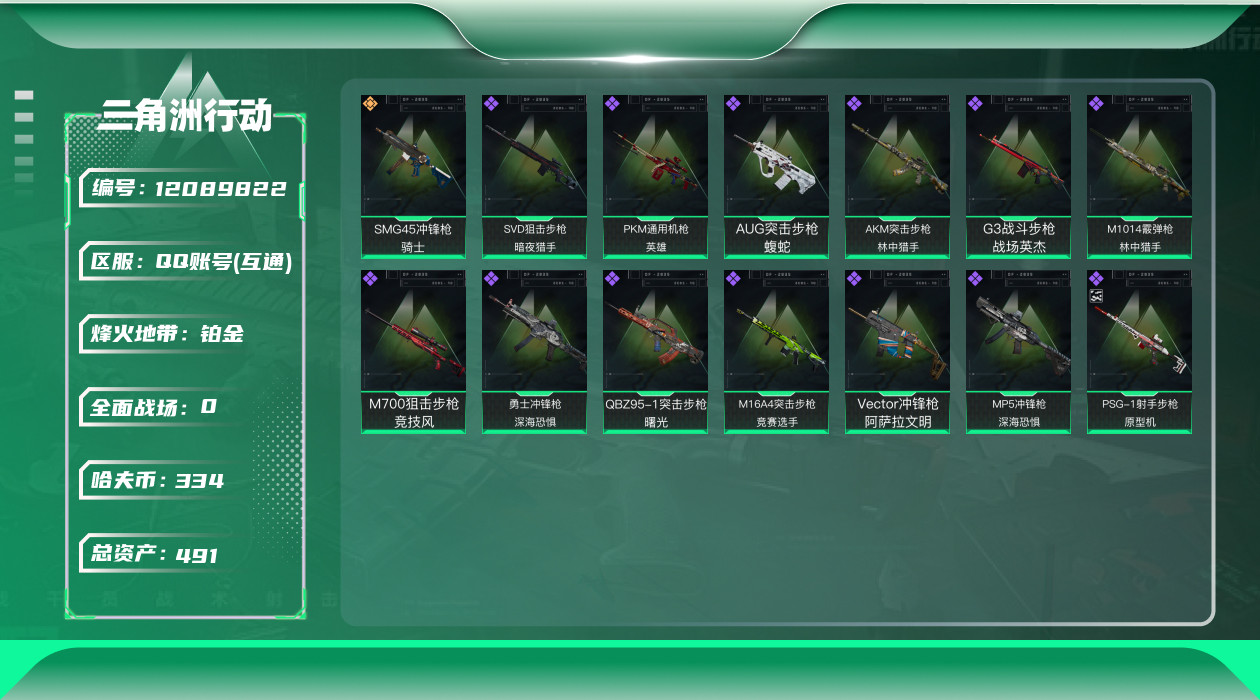 三角洲行动账号QQ[12089822]总资产:491.5M  1传说枪械 哈夫币:334K 可二次 可修改实名 烽火地