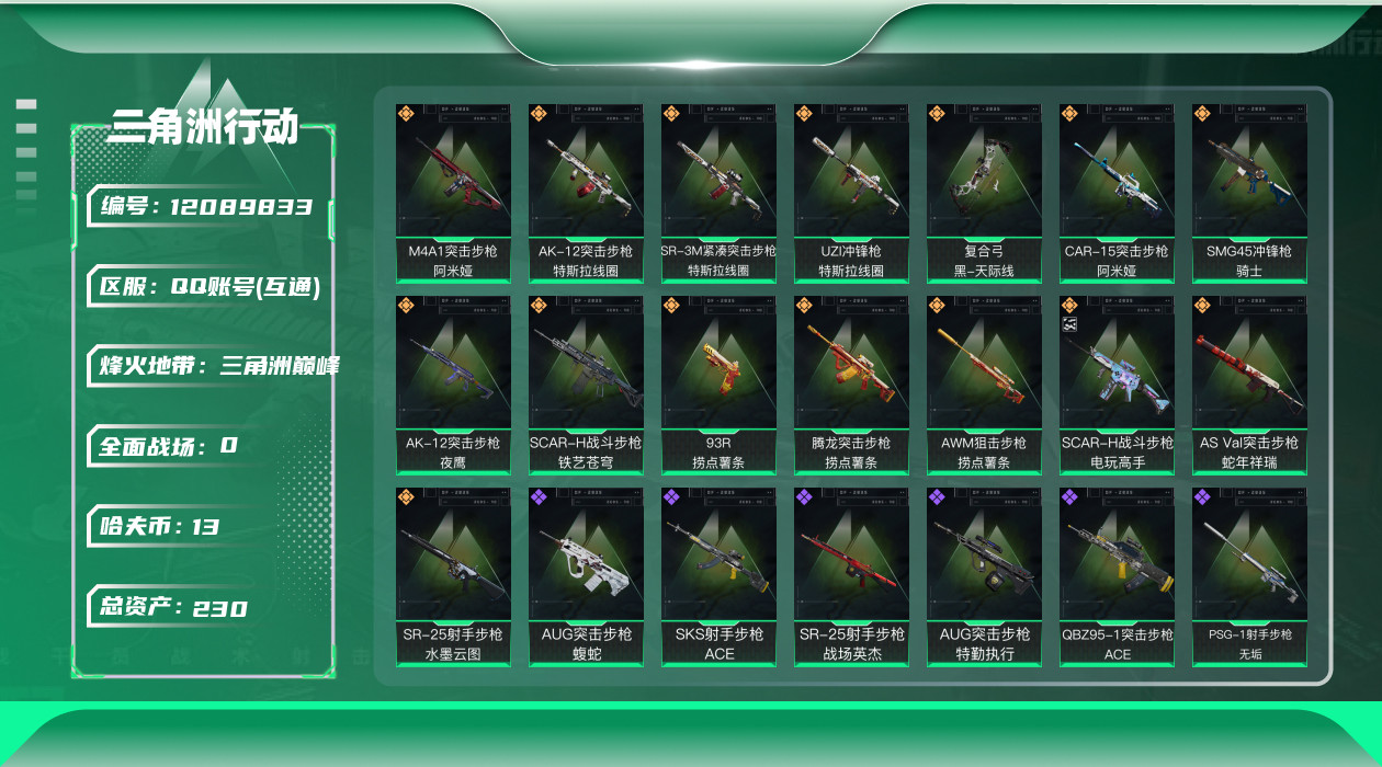 三角洲行动账号QQ[12089833]总资产:230.9M  15传说枪械 哈夫币:13.900K 高级安全箱(9.1